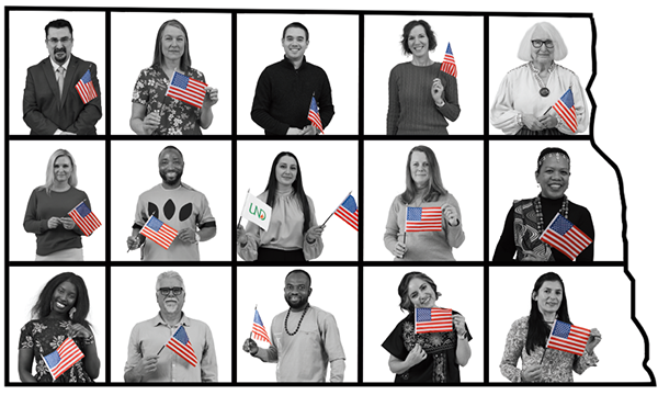 a collage of diverse individuals holding American flags, arranged in the shape of the state of North Dakota