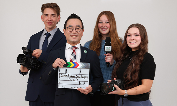The 2025 Constitution Day Project Team right to left  Associate Director and Photographer; Dylan Niemi, Communication Senior; Dr. Joonghwa Lee, Chair of Dept. of Communication, Director; Videographer; Kiera Musil, Communication Sophomore, Digital Storytelling Coordinator;  Lauren Huso, Communication Senior