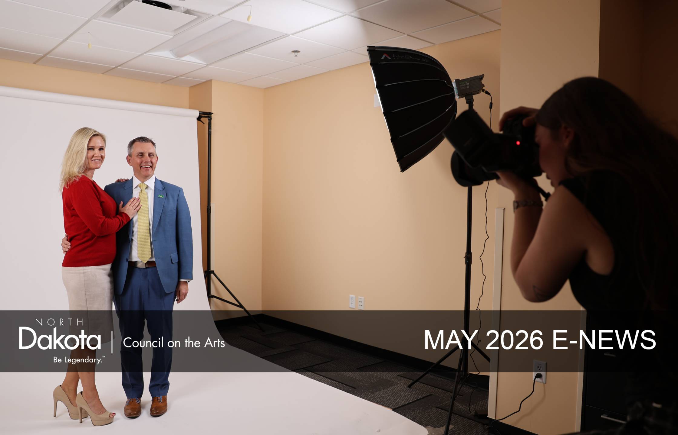 NDCA May 2026 E-news header showing Governor and First Lady Armstrong being photographed by a UND student