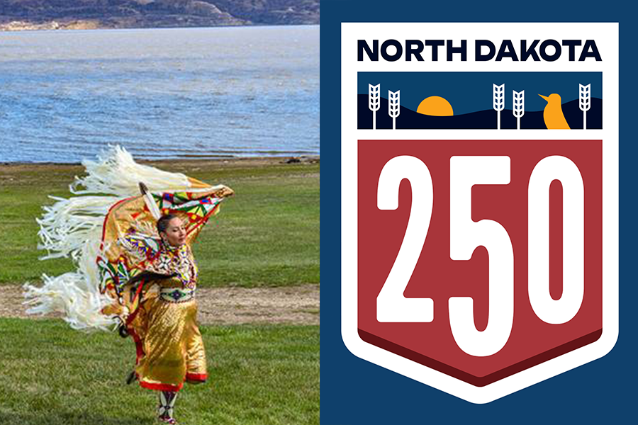 A female Native American dancer in full regalia with the North Dakota America 250 logo on the right