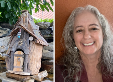 Sculpture of wooden fairy house on the left with head and shoulders image of artist and creator Kimberly Eslinger on the right, with long, curly grey hair and a big toothy smile