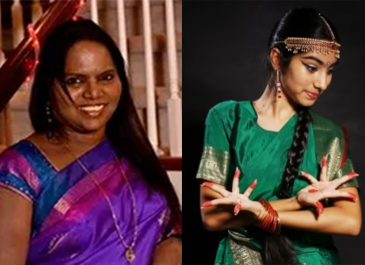 Margreat Sam (left) in a purple saree smiles next to a young woman in green dance attire in a classical dance pose.