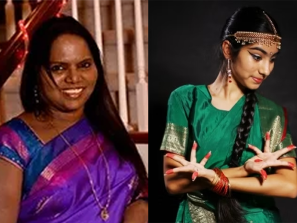 Margreat Sam (left) in a purple saree smiles next to a young woman in green dance attire in a classical dance pose.