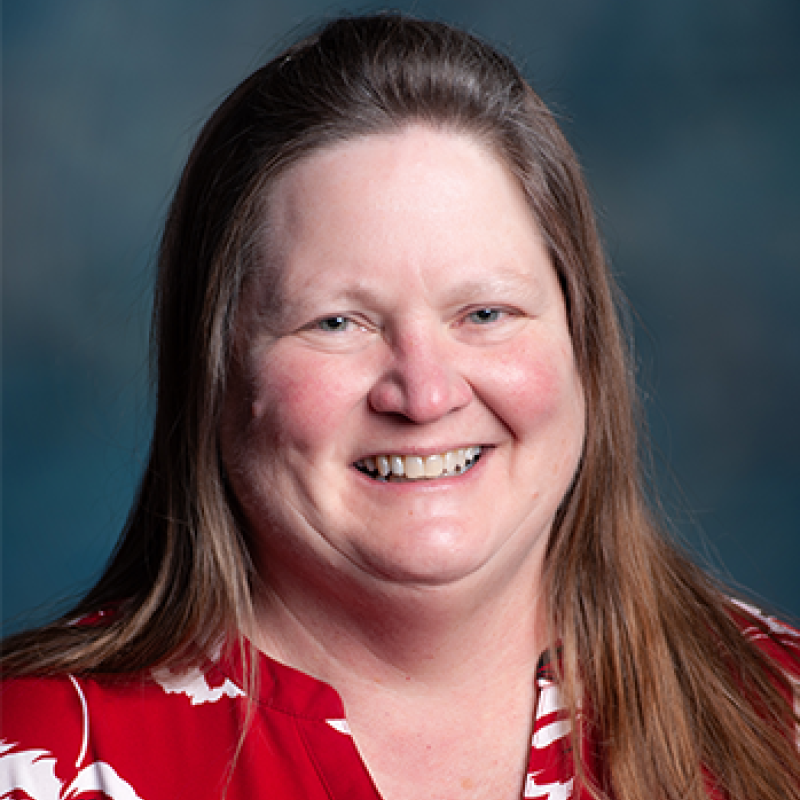 head and shoulders of caucasian Gail Schmidt with long, straight brown hair, pink cheeks and a warm toothy smile