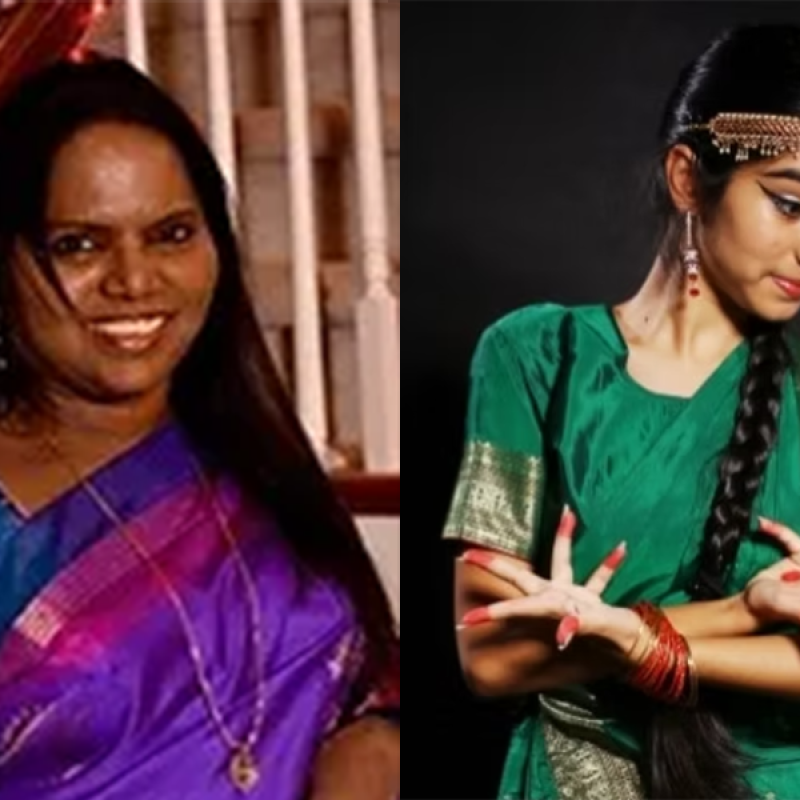 Margreat Sam (left) in a purple saree smiles next to a young woman in green dance attire in a classical dance pose.
