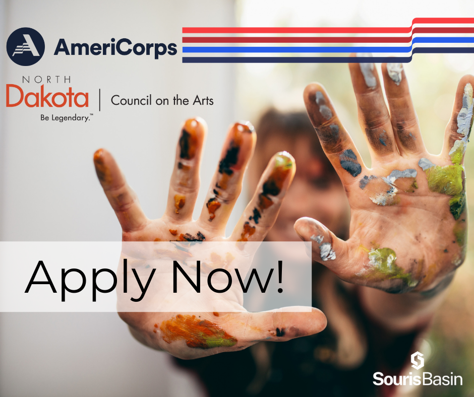 AmreiCorp logo, NDCA's logo and Souris Basin logo with the text Apply Now! Image has hands with paint all over them in front faded person in the back.