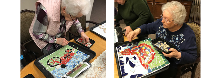 Mosaic tile legacy bench (Heritage Center/The Arts Center, Jamestown, ND) created by elders 2019-2020.