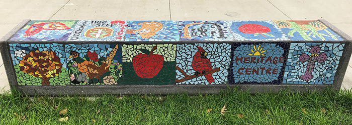 Mosaic tiles for legacy bench (Heritage Centre/The Arts Center, Jamestown, ND) created by elders 2019-2020