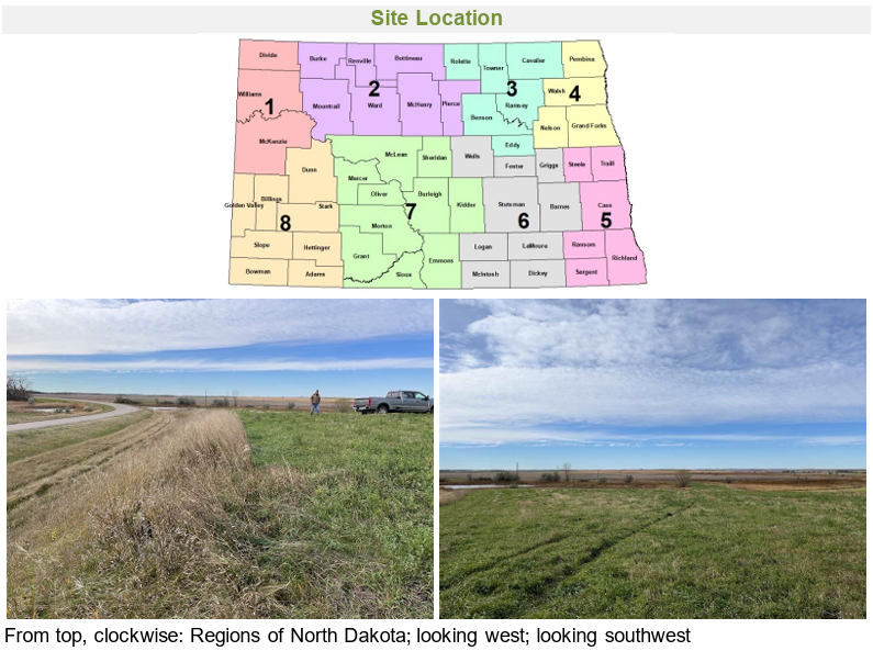Map of North Dakota with all 8 regions blocked out; then 2 images of prairie underneath - the future location of an art installation