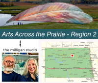 Alan and Nicole Milligan pictured next to a map of ND showing the installation location near Rugby, along with a stunning rendering of an 80 foot stained-glass feather arching over the prairie