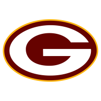 Capital G in white font, with outlines of burgundy and yellow to represent Grafton High School in North Dakota