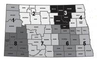 Map of North Dakota showing the 8 regions and their counties