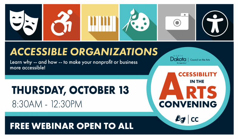 Accessibility in the Arts Convening flyer with details of event, art and accessibility icons on colorful background