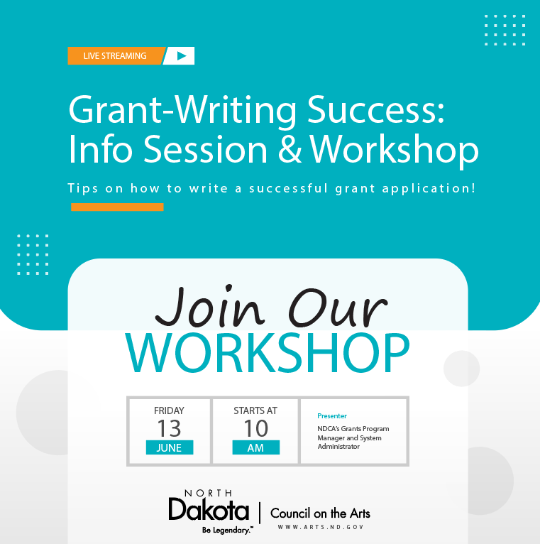 Info graphic with NDCA's logo; "Grant-Writing Success: Info Session & Workshop with June 13, 10am