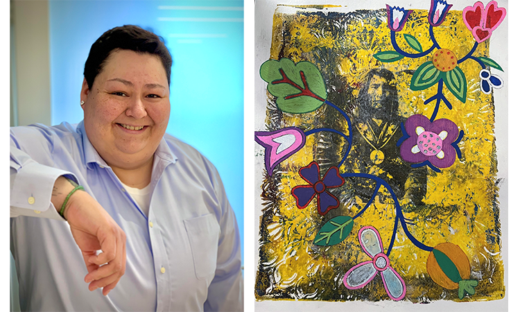 waist-up photo of Native American printmaker Anna Johnson next to one of her artworks featuring chief little shell on with a yellow background and floral images printed ontop