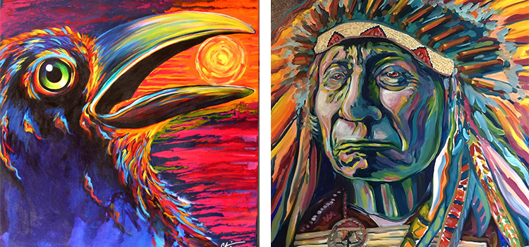 two brightly colored acrylic paintings by North Dakota artist Chris Wakefield depicting a close up of a raven on the left and the head and of a Native-American man with a closed mouth, wearing full head regalia