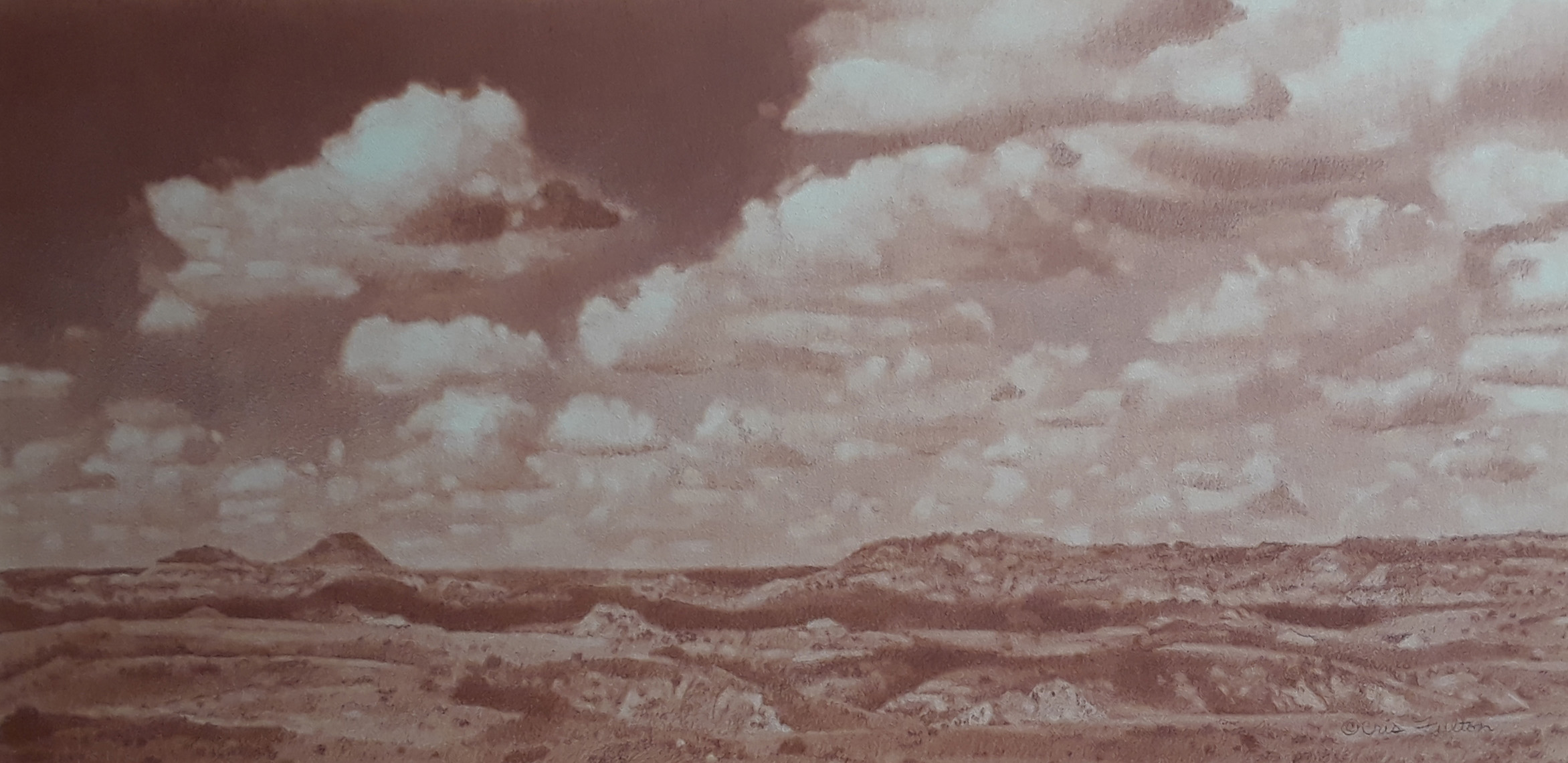 Original watercolor pencil drawing of the North Dakota badlands by Bowman artist Cris Fulton