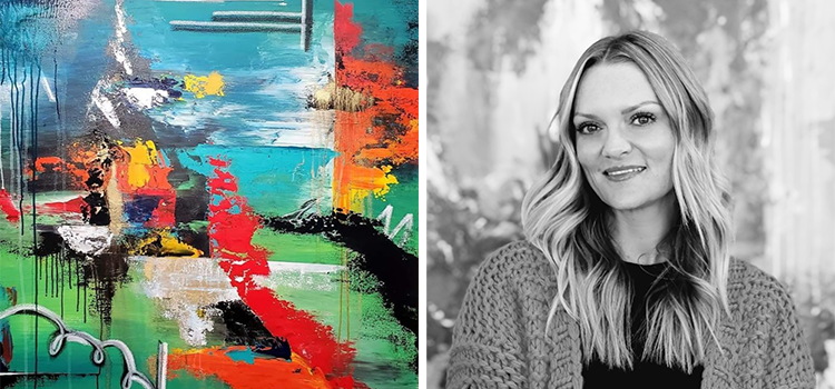 Artist Nancy Ness greyscale portrait on the right, wearing a cardigan sweater over a dark shirt, with long, straight blonde hair, big dark eyes and a warm toothy smile, standing in front of her artworks; one of her acrylic abstract artworks on the left, with lots of colors, brush styles, lines, squiggles, and running paint