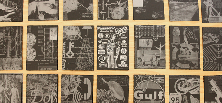 3 rows and 7 columns of black with silver-designed lithographs artworks by printmaker Ryan Stander