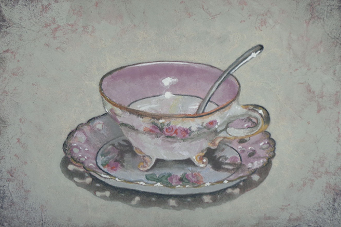 soft pastels on paper by Sherry Earl showing an English-style cup of tea on a saucer with a spoon coming out, with pink around the edges and pink flowers with greenery elsewhere