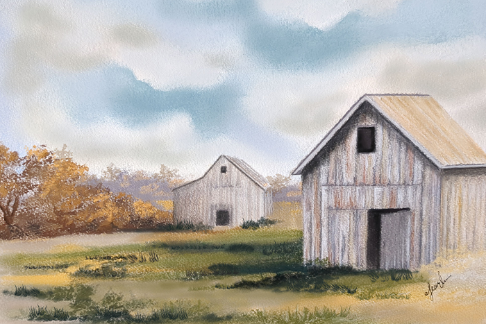 soft pastels on paper by Sherry Earl showing two old wooden buildings on green prairie land with golden trees and brushes in the distance on partially cloudy day