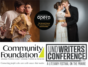 Fargo Moorhead Opera photos on top with logos for UND Writers Conference and Grand Forks Community Foundation underneath