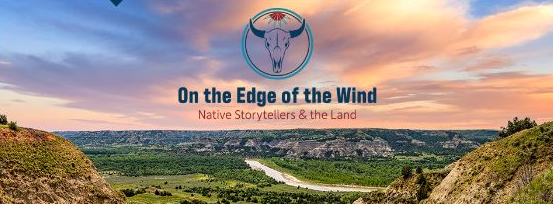 Sunset on the Badlands of western North Dakota with the On the Edge of the Wind logo featuring a buffalo skull in the center