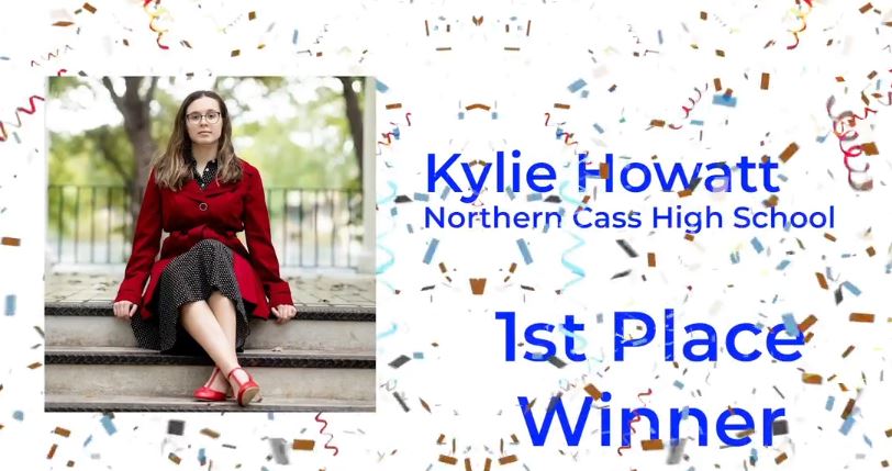Screenshot from the online presentation with Kylie in a red coat, confetti on the screen, and the text says: Kylie Howatt, Northern Cass High School, 1st Place Winner