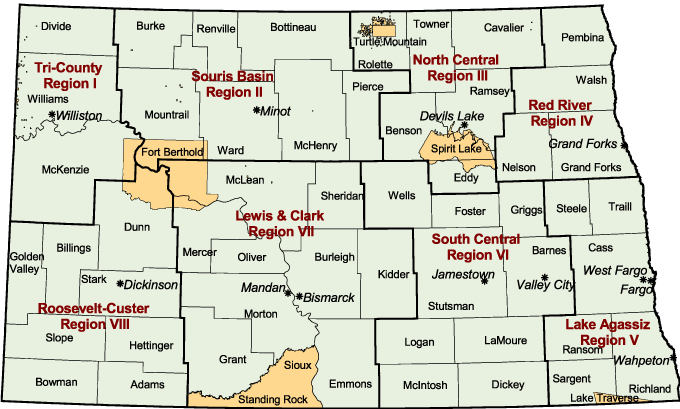 Image of the counties in North Dakota along with the eight regions. For more information on the eight regions call 701-328-7590