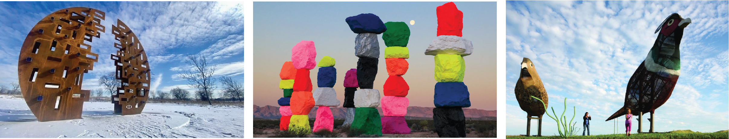 3 different placemaking sculptures in Michigan, Nevada and North Dakota