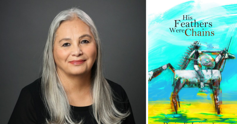 Head and shoulders of Dr. Denise Lajimodiere with long, straight, grey hair and a closed smile; wearing a black scoop-neck shirt; the cover of her book "His Feathers Were Chains" on the right depicting a Native America in full regalia, riding a horse, using modern art characteristics 