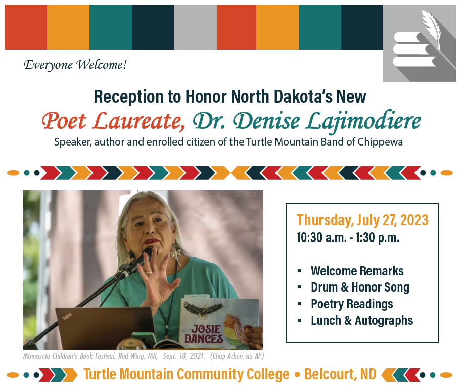 Top of flyer for Dr. Denise Lajiimodiere reception in Belcourt