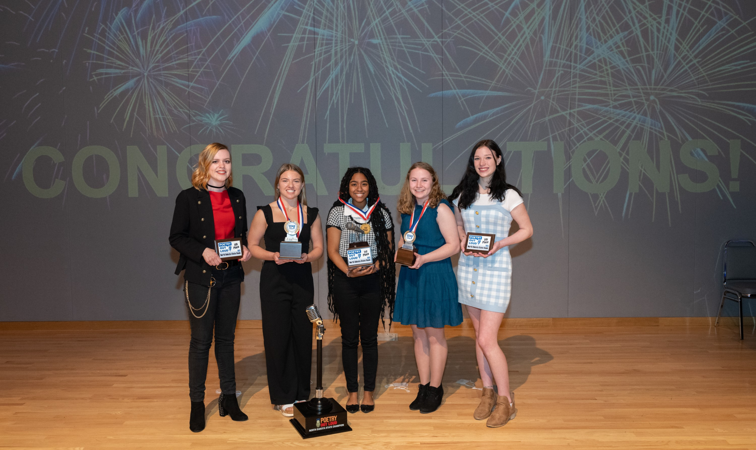 POL finalists from left to right: 4th-Maleah Pfeifer, Northern Cass HS; 2nd-Alison Hoerer, Wahpeton HS; 1st-Gabrielle Johnson, Minot HS; 3rd-McKinnlee Haberman, Wyndmere HS; 5th--Ivy Wolf Northwood Public School