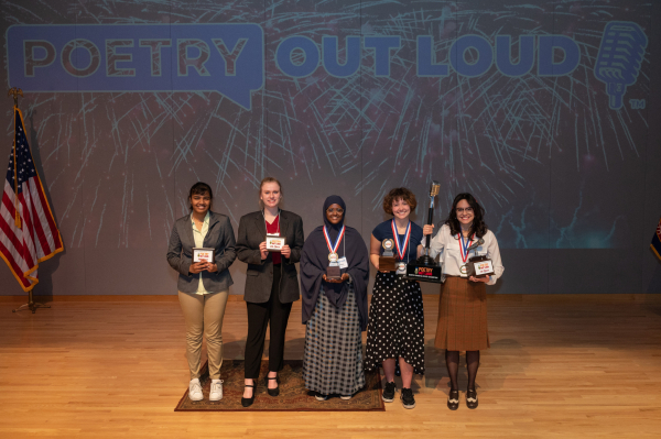 5 finalists holding awards from ND 2022 Poetry Out Loud State Championship