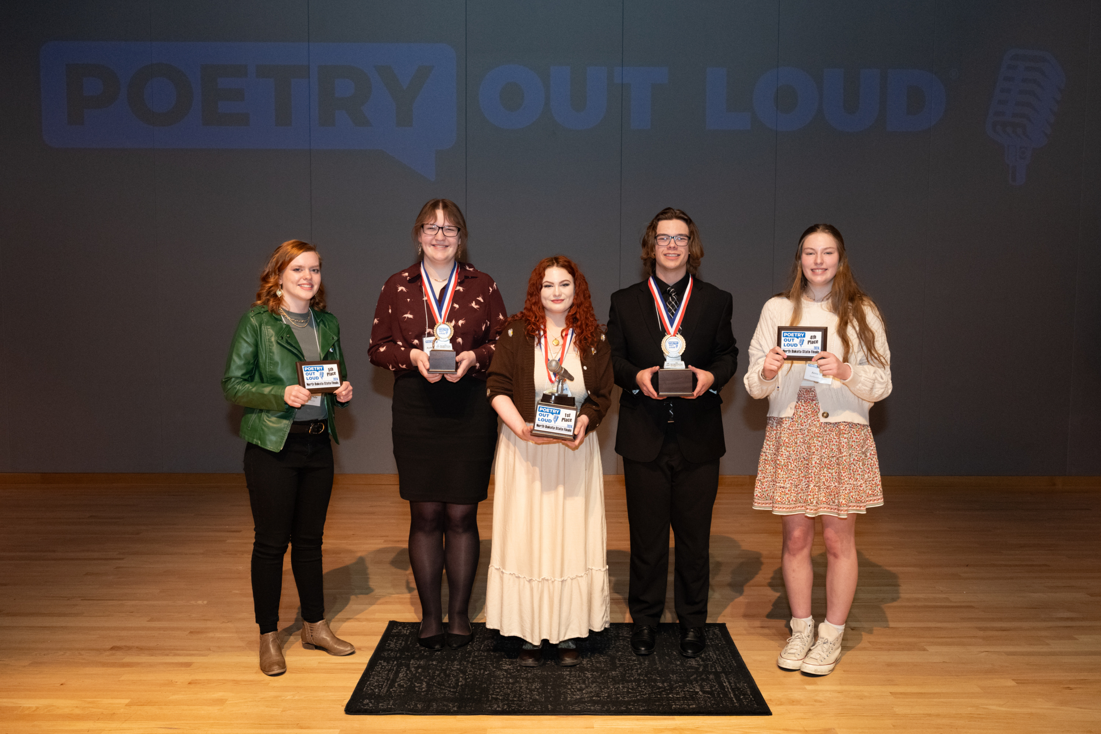 POL finalists from left to right: 5th-Maleah Pfeifer, Northern Cass HS; 3rd-Ayden McPartland, Valley City HS; 1st-Circe Atkinson, Mandan HS; 2nd-McKade Picken, Wahpeton HS; 4th-Anna Griedl, Starkweather School