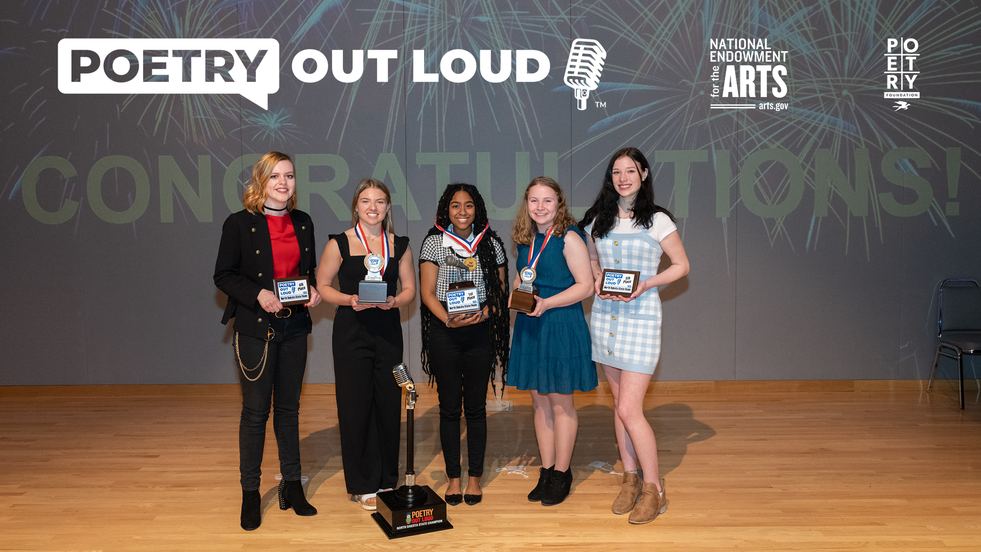 2023 ND Poetry Out Loud State Finalists left to right: 4th-Maleah Pfeifer, Northern Cass HS; 2nd-Alison Hoerer, Wahpeton HS; 1st-Gabrielle Johnson, Minot HS; 3rd-McKinnlee Haberman, Wyndmere HS; 5th--Ivy Wolf Northwood Public School