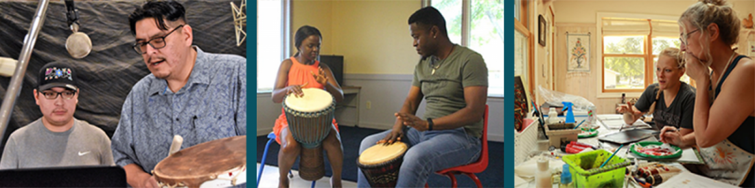 Cody Wasinzi with Courtney Yellowfat, recording a Lakota song; Dorothy Assongacha learning West African storytelling, singing, and drumming from Hamzat Amoussa Koriko; Callie Stadem learning Norwegian rosemaling from Pieper Bloomquist.