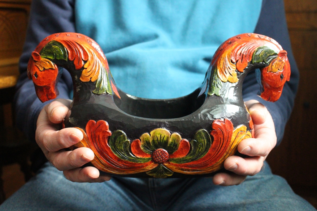 A photo of Apprentice Norwegian ale bowl, carved by James Paulson, Devils Lake, ND.