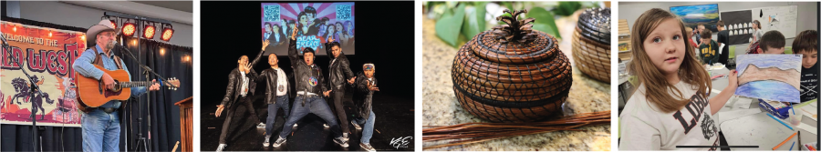 Long X Arts Foundation Cowboy Poetry Gathering (Watford City), Sacred Pipe Resource Center Bear Grease Theatrical Production (Bismarck), pine needle basket made by apprentice (Fargo) and 4th grader showing artwork made with Artist in Residence (Litchville) 