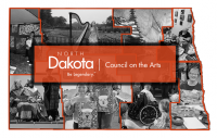 map of ND with 8 art photos placed in each of the region shapes and NDCA's logo in a rectangle on top