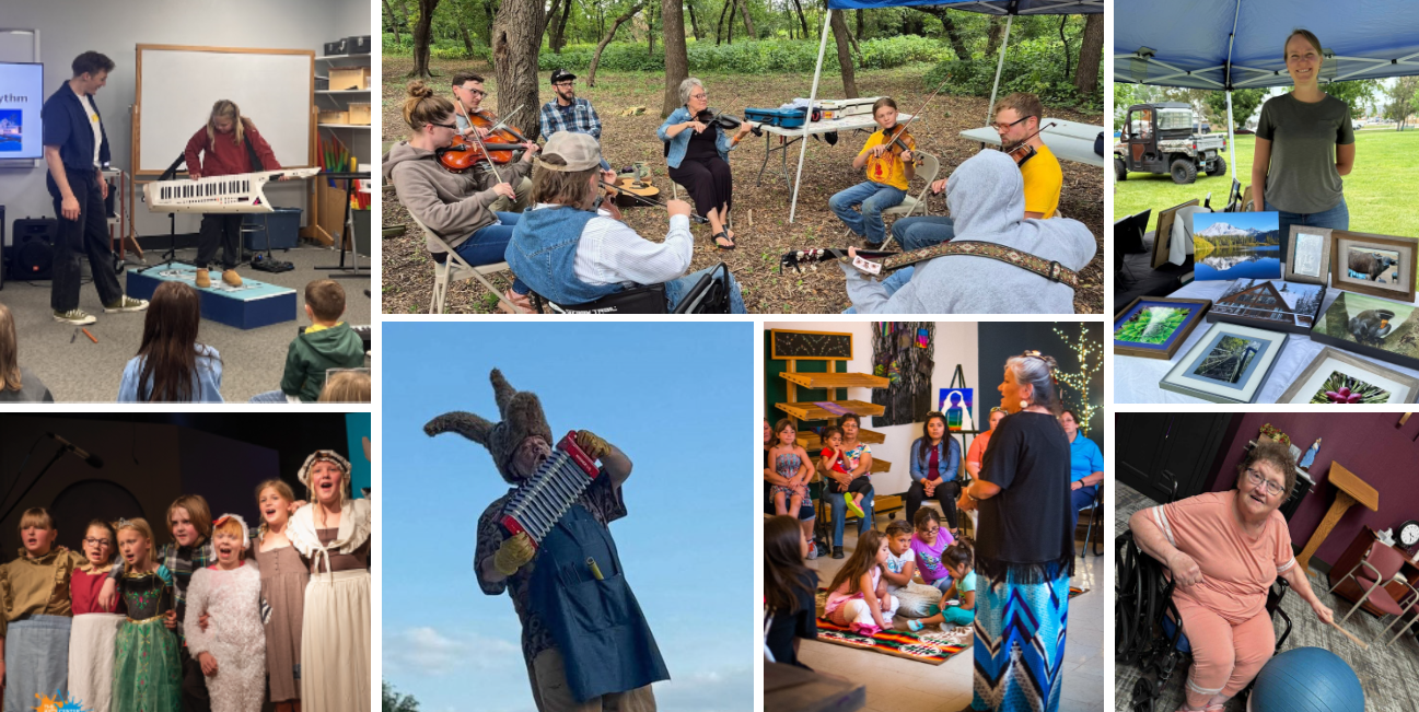A collage of seven photos showing a variety of community arts and cultural events, including an indoor music lesson, an outdoor folk music session in the woods, a vendor selling framed artwork at an outdoor market, a group of children performing on stage, an actor in costume playing an accordion, an educational session about Native American culture, and an older woman playing an instrument.