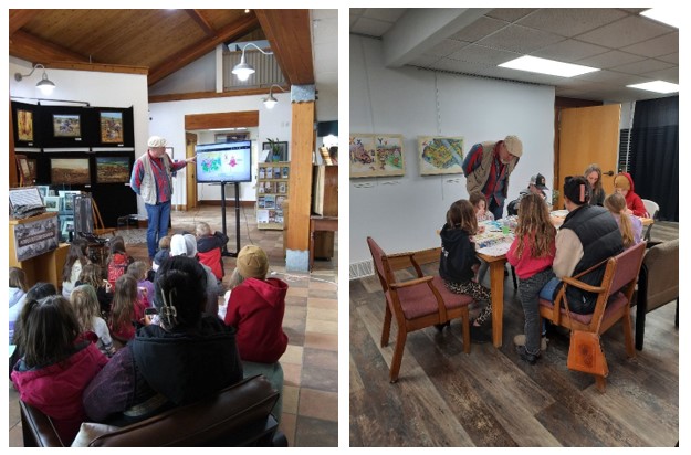 Man shows pictures in front of small group, man looks over children drawing at table