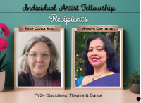 framed portraits of ND Individual Artist Fellowship FY24 recipients Kathy Coudle King and Aparupa Chatterjee sitting on a wooden desk with plants on either side