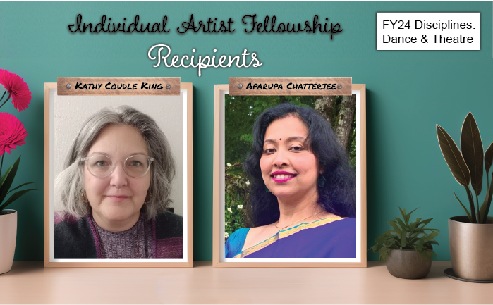 framed portraits of ND Individual Artist Fellowship FY24 recipients Kathy Coudle King and Aparupa Chatterjee sitting on a wooden desk with plants on either side