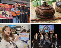 Long X Arts Foundation Cowboy Poetry Gathering (Watford City), Sacred Pipe Resource Center Bear Grease Theatrical Production (Bismarck), pine needle basket made by apprentice (Fargo) and 4th grader showing artwork made with Artist in Residence (Litchville) 