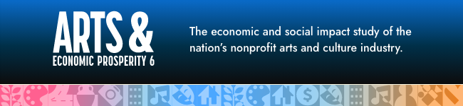 Arts and Economic Prosperity 6 stacked logo with words, "The economic and social impact study of the nation's nonprofit arts and culture industry" written in white on top of a dark background with colorful art and culture icons in a long row underneath
