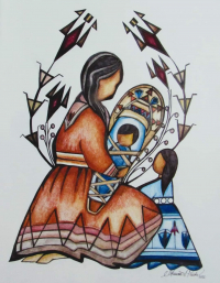 Native artist Shawn Fricke artwork of Native woman with two native children titled "Our Lifeways Heal our Spirits"