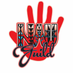 Logo for Native Artists United with a red hand in the background, the letters NAU in a thick block font with teal and black Native designs inside and the word guild written in black script underneath