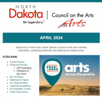 Screenshot of the top of NDCA's April 2024 e-newsletter showing the new Arts Across the Prairie logo and a list of bullet points showing what is included