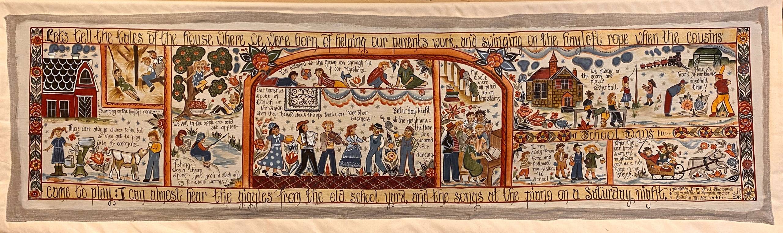 folk artist Pieper Bloomquist engaged residents in reminiscence of childhood stories.  Those narratives were then used to create a Swedish bonadsmålning painting